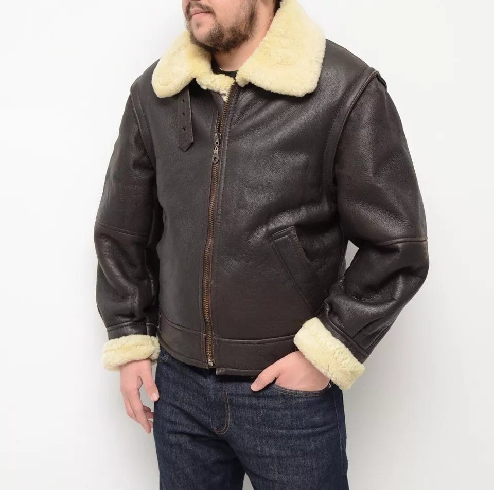 Men's Shearling B-3 Leather Sheepskin Brown Flight bomber Jacket