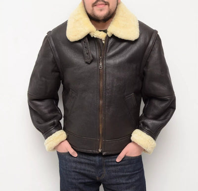 Men's Shearling B-3 Leather Sheepskin Brown Flight bomber Jacket