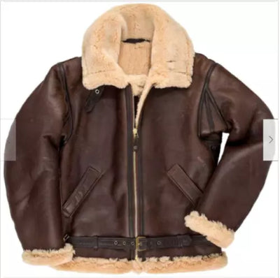 Men's RAF Aviator Pilot B3 Flying Bomber Shearling Fur brown Leather Jacket