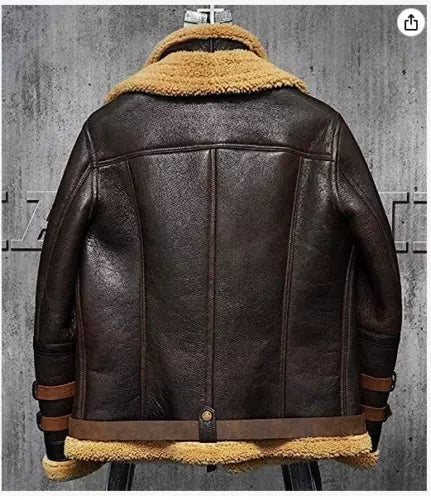 Men's Brown B3 Flight Bomber Aviator Real Sheepskin Shearling Leather Jacket