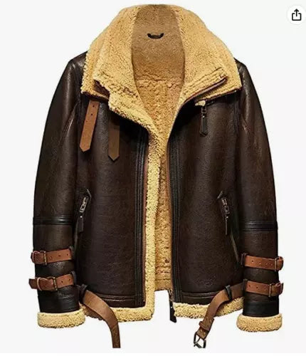 Men's Brown B3 Flight Bomber Aviator Real Sheepskin Shearling Leather Jacket