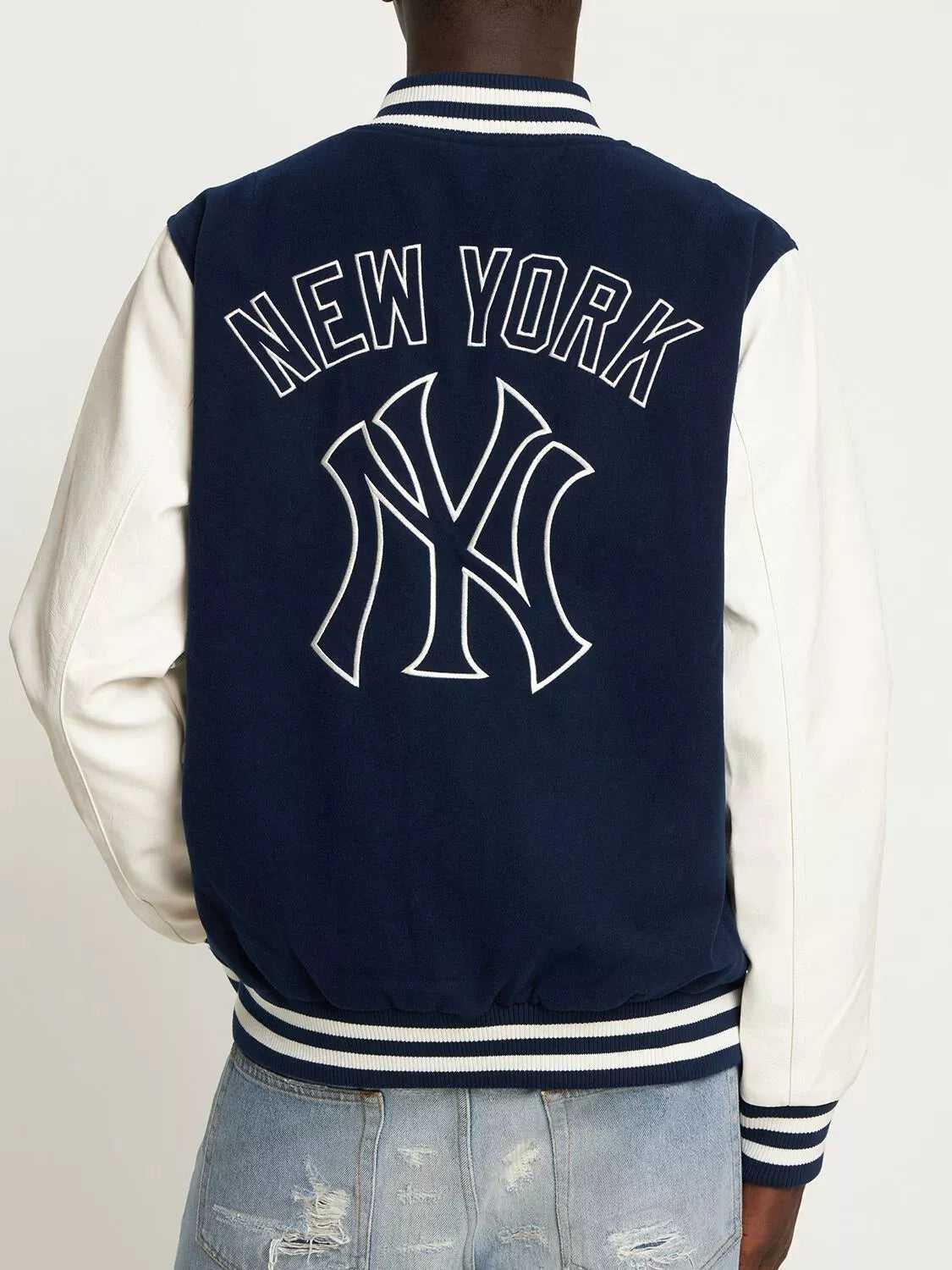 New York Yankees Letterman Varsity Jacket - Navy Blue Wool & White Leather