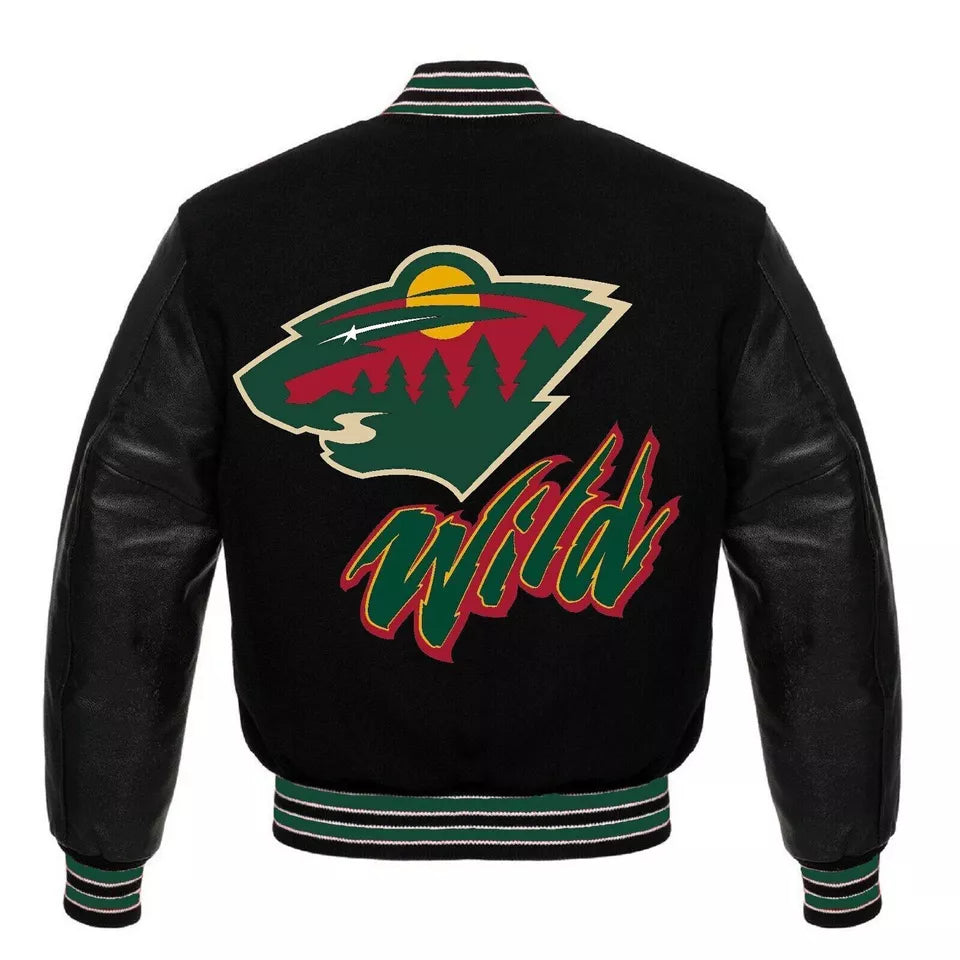 Minnesota Wild Black Letterman Varsity Jacket With Genuine Leather Sleeves