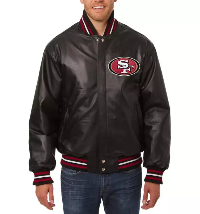 NFL San Francisco 49ers Black Letterman Varsity Jacket Real Lambskin Leather