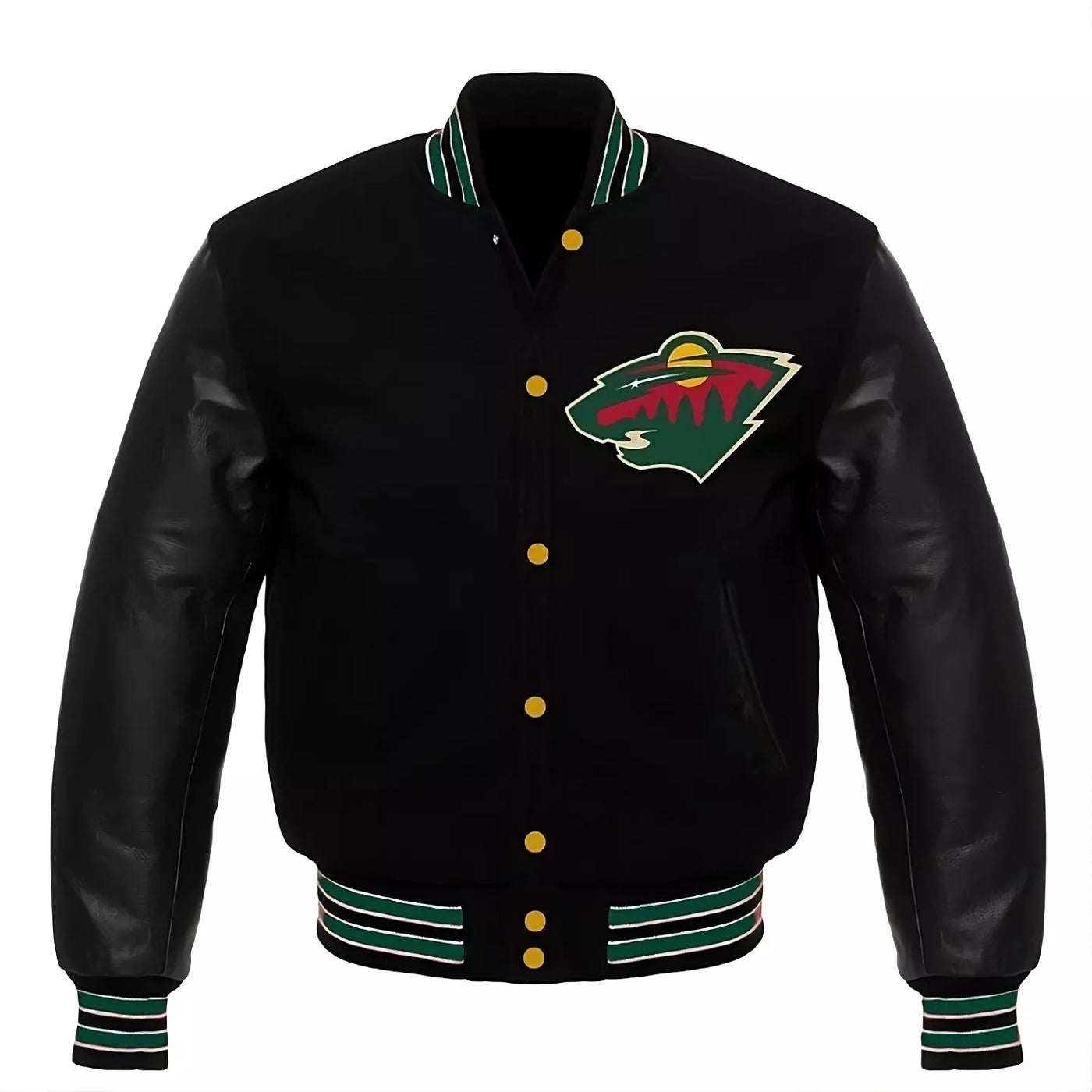 Minnesota Wild Black Letterman Varsity Jacket With Genuine Leather Sleeves