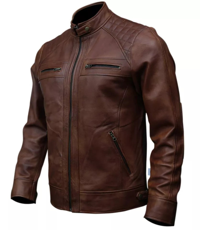 Men's Leather Jacket Genuine Sheep Skin Café racer Style Biker Black & Brown