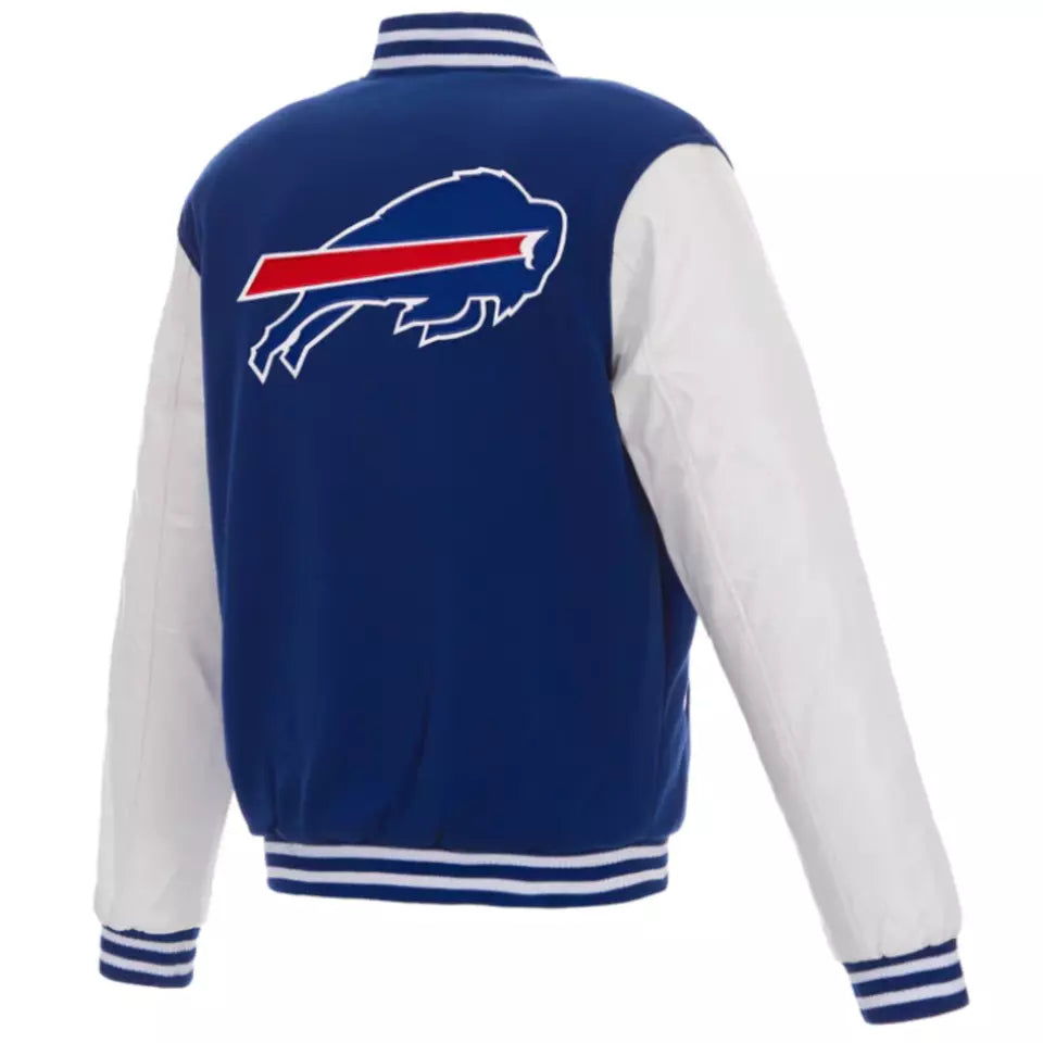 Buffalo Bills Letterman Varsity Jacket with Leather Sleeves Blue & White - NFL