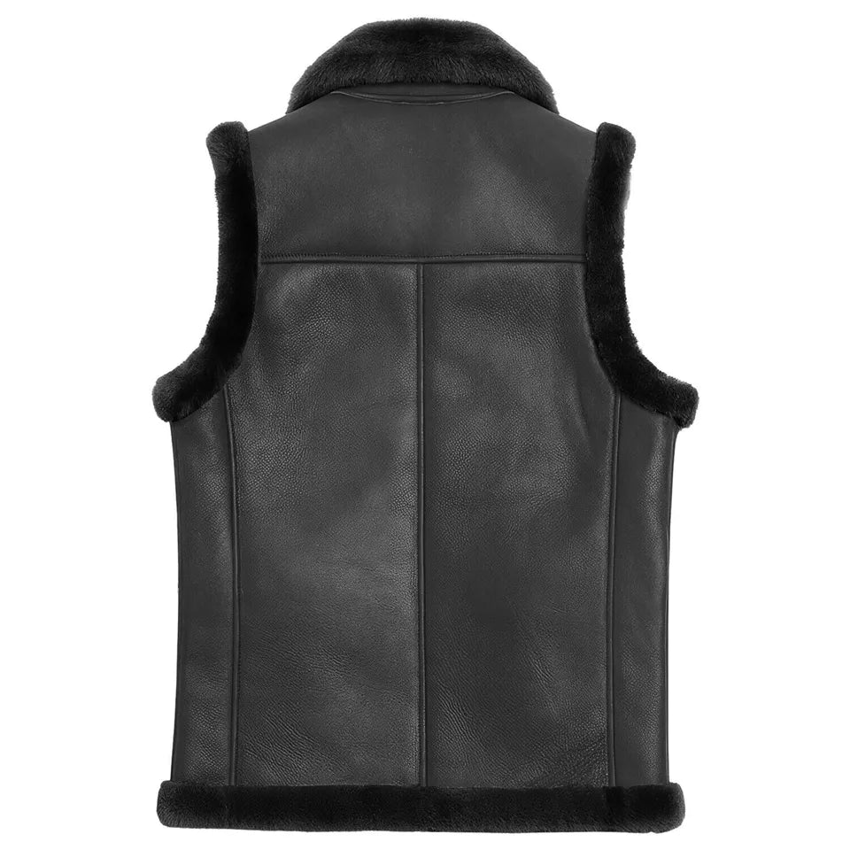 Men's Black Real Fur Vest Sleeveless Genuine Sheepskin Leather Jacket Coat