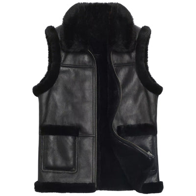 Men's Black Real Fur Vest Sleeveless Genuine Sheepskin Leather Jacket Coat