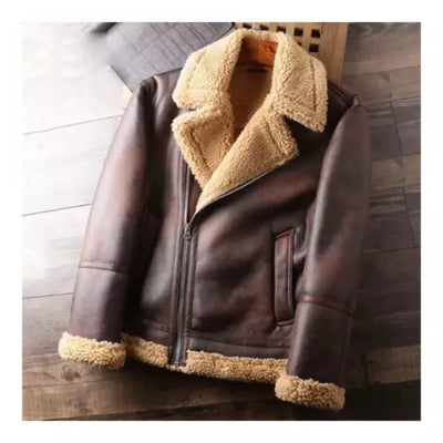 Men's Distressed Real Leather Brown Shearling Fur Bomber B3 RAF Aviator Jacket