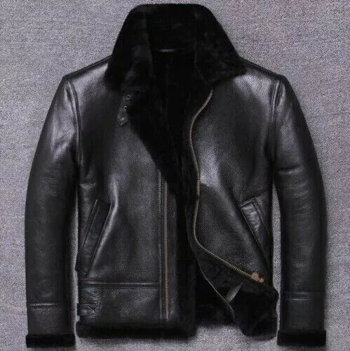 Men's Black RAF Flight B3 Bomber Aviator Real Sheepskin Shearling Leather Jacket