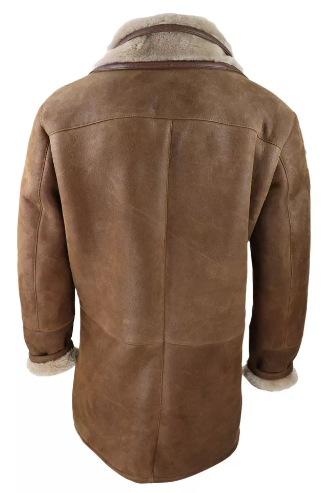 Men Bomber Brown Aviator Pilot B3 RAF Flying Fur Shearling Leather Trench Coat