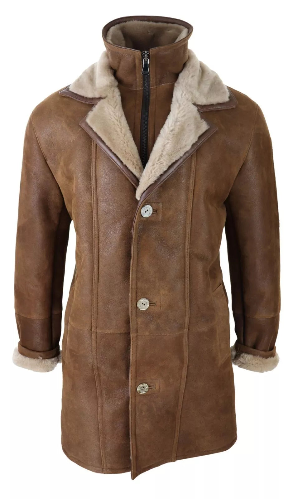 Men Bomber Brown Aviator Pilot B3 RAF Flying Fur Shearling Leather Trench Coat