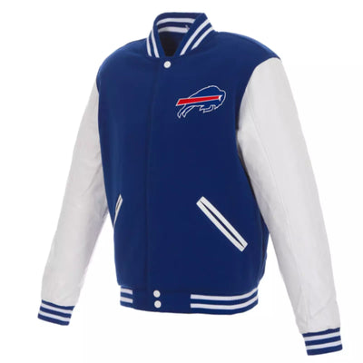 Buffalo Bills Letterman Varsity Jacket with Leather Sleeves Blue & White - NFL