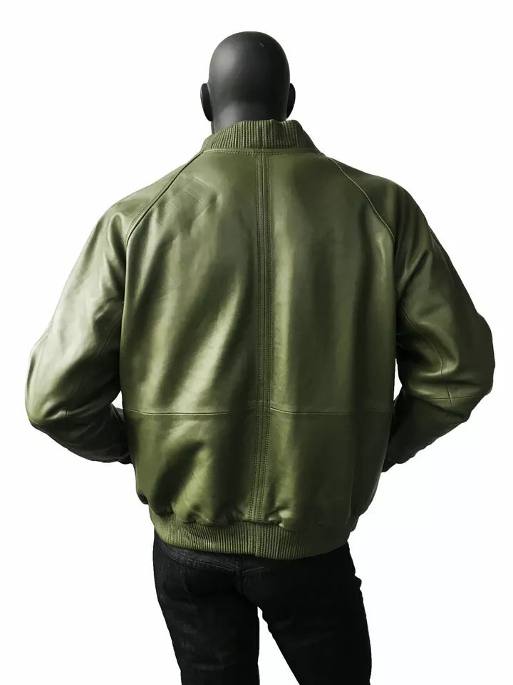 Men's Olive Green 100% Real Leather Jacket Designer Bomber Biker Handmade Coat