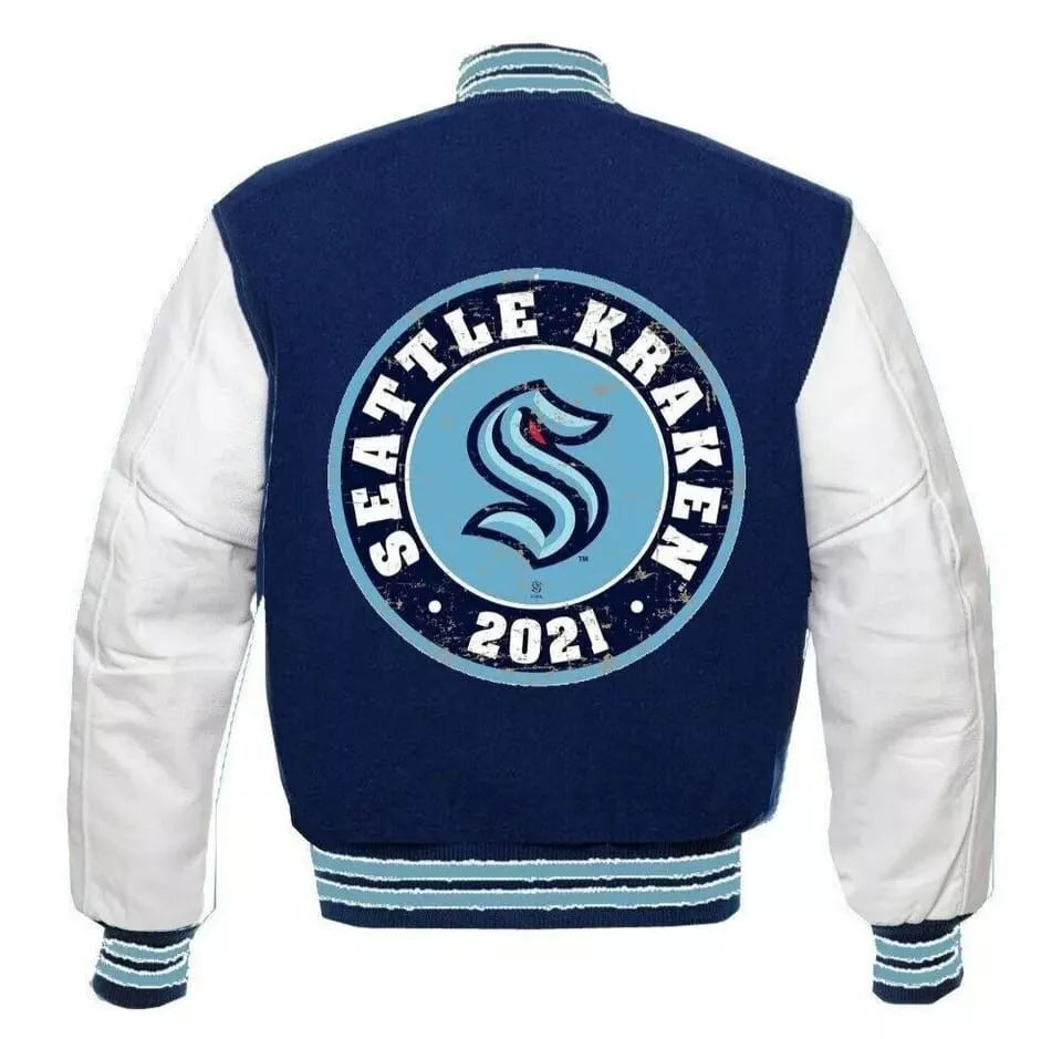 Seattle Kraken Letterman Blue And White Varsity Jacket With Leather Sleeves