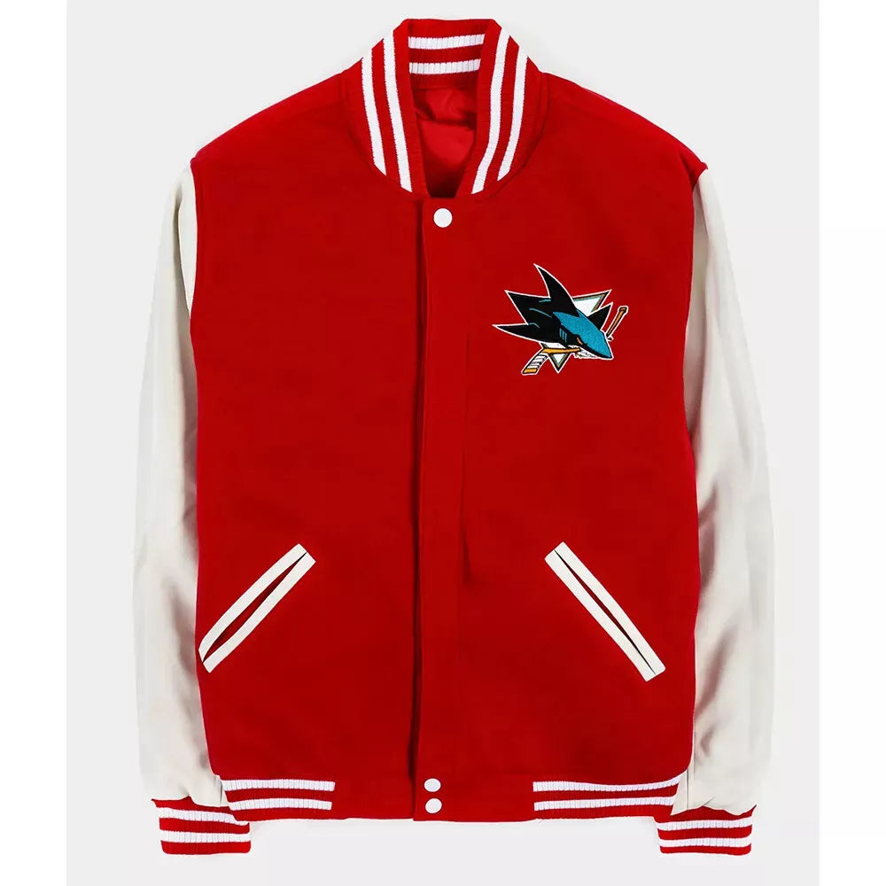 San Jose Sharks Varsity Jacket Red Wool with White Genuine Leather Sleeves