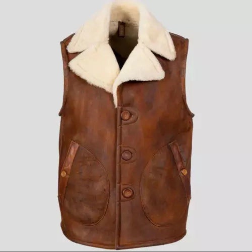 Men's Brown Aviator RAF B3 Shearling Bomber Real Sheepskin Leather Fur Vest