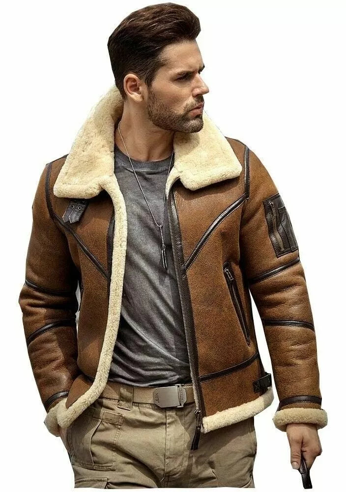 Men's B3 Bomber Flight Aviator Fur Shearling Sheepskin Brown Leather Jacket