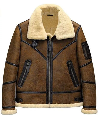 Men's B3 Bomber Flight Aviator Fur Shearling Sheepskin Brown Leather Jacket