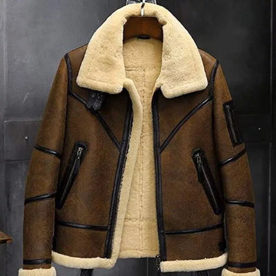 Men's B3 Bomber Flight Aviator Fur Shearling Sheepskin Brown Leather Jacket