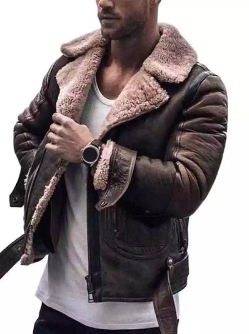 Mens Distressed Brown Fur Leather Jacket Real Leather Artificial Fur Coat