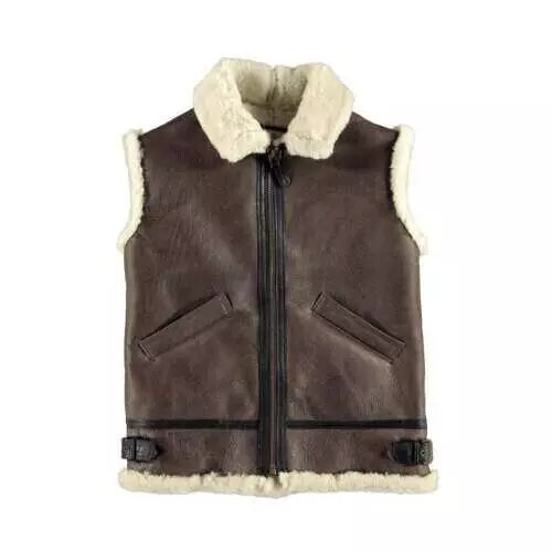 Men's Brown Aviator RAF B3 Shearling Bomber Real Sheepskin Leather Fur Vest