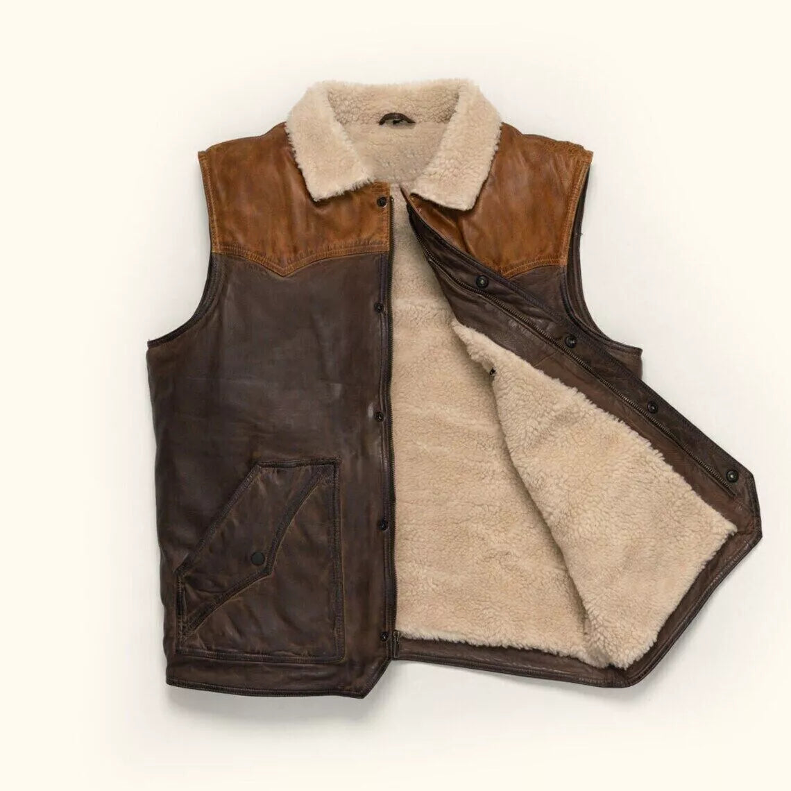 MENS SHEARLING AVIATOR B3 REAL SHEEPSKIN BOMBER FLYING BROWN LEATHER FUR VEST