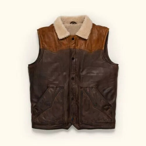 MENS SHEARLING AVIATOR B3 REAL SHEEPSKIN BOMBER FLYING BROWN LEATHER FUR VEST