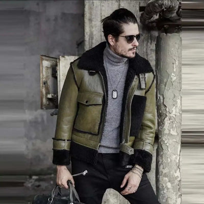 MENS FLYING AVIATOR B3 GREEN REAL SHEEPSKIN BOMBER SHEARLING BLACK FUR JACKET