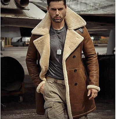 Men's Aviator Pilot RAF B3 Flying Fur Lambskin Leather Shearling trench coat