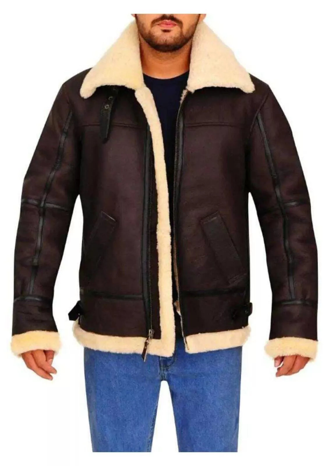 Mens Aviator RAF B3 Pilot Flying Bomber Real Shearling Lambskin Leather Jacket