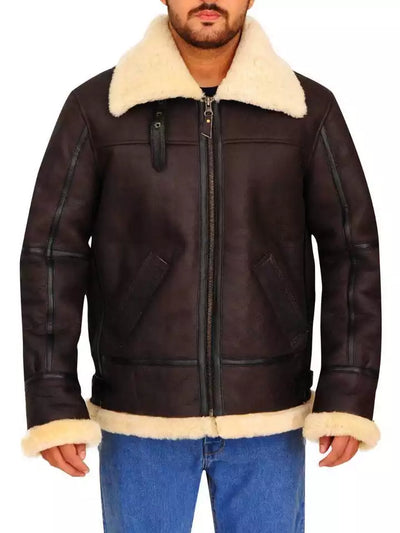 Mens Aviator RAF B3 Pilot Flying Bomber Real Shearling Lambskin Leather Jacket