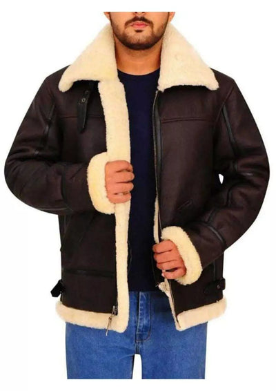 Mens Aviator RAF B3 Pilot Flying Bomber Real Shearling Lambskin Leather Jacket