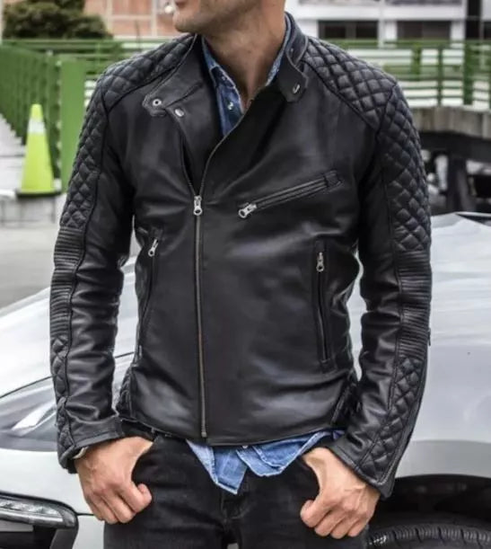 Men's Leather Jacket Cafe-Racer Retro Motorcycle Biker Black Real Leather