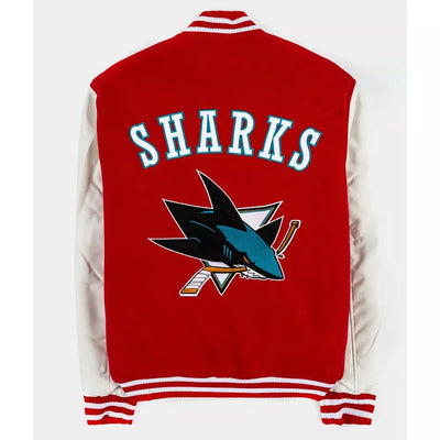 San Jose Sharks Varsity Jacket Red Wool with White Genuine Leather Sleeves