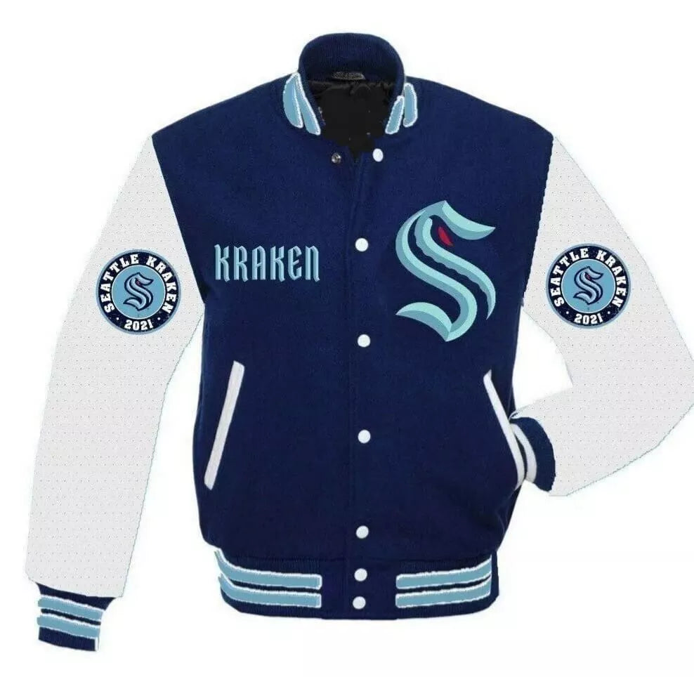 Seattle Kraken Letterman Blue And White Varsity Jacket With Leather Sleeves