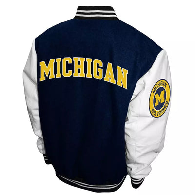 Michigan Wolverines Navy And White Wool Varsity Jacket With Real Leather Sleeves