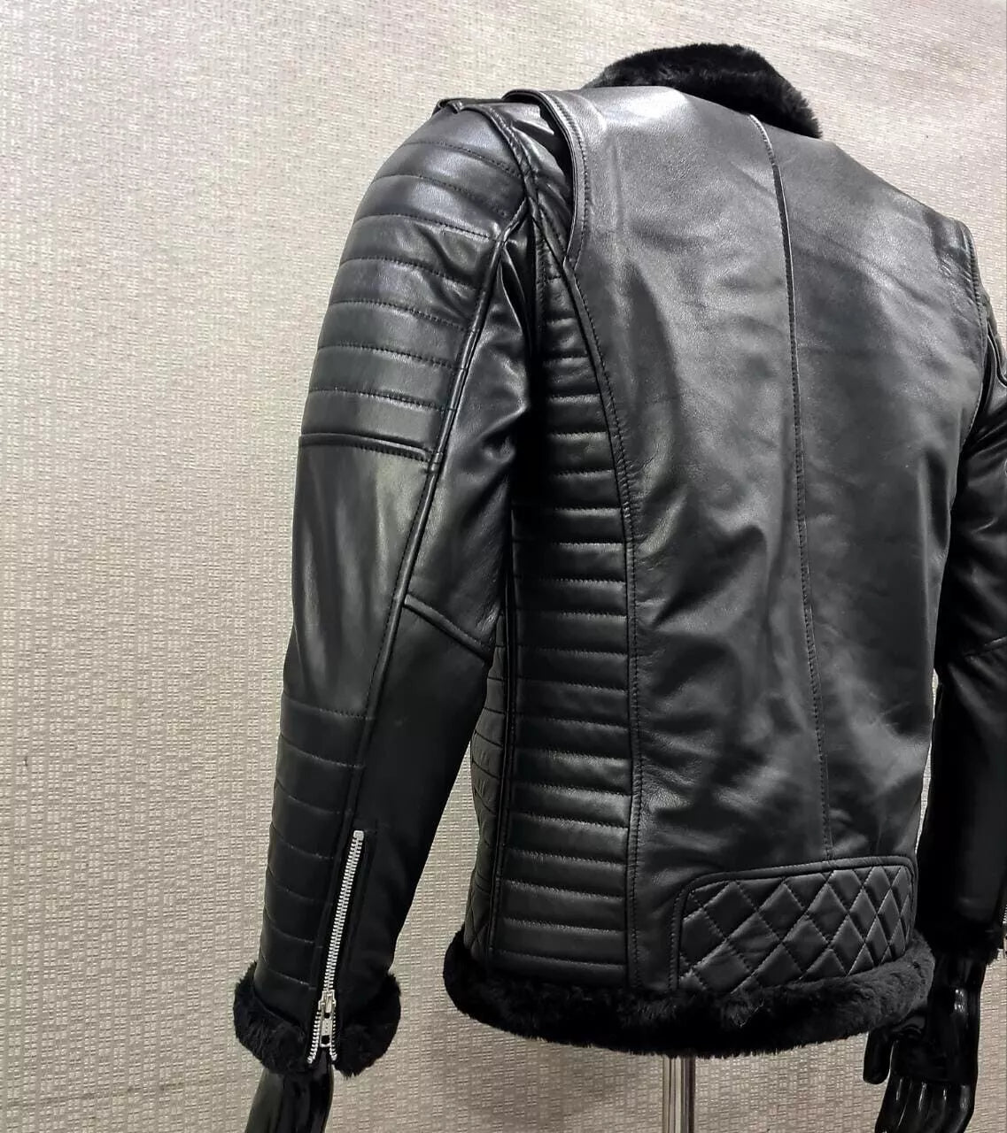 MEN'S REAL BLACK LAMBSKIN BIKER STYLE LEATHER SHEARLING JACKET