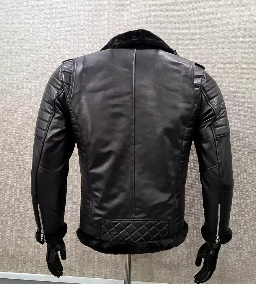 MEN'S REAL BLACK LAMBSKIN BIKER STYLE LEATHER SHEARLING JACKET