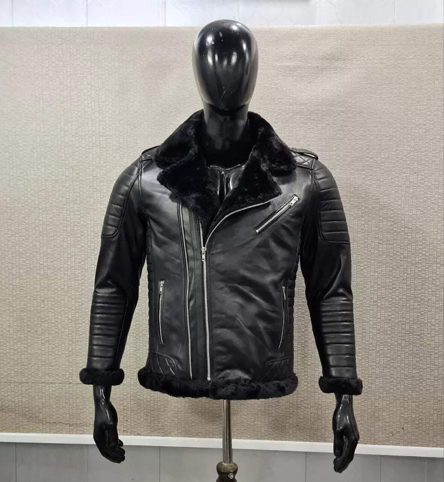 MEN'S REAL BLACK LAMBSKIN BIKER STYLE LEATHER SHEARLING JACKET