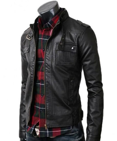 Men’s Strap Collar Casual Slim Fit Black Leather Jacket