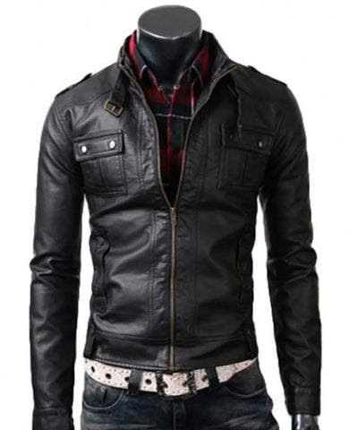 Men’s Strap Collar Casual Slim Fit Black Leather Jacket