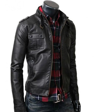 Men’s Strap Collar Casual Slim Fit Black Leather Jacket