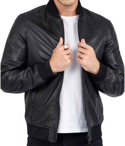 Men’s Casual Bomber Real Black Leather Jacket