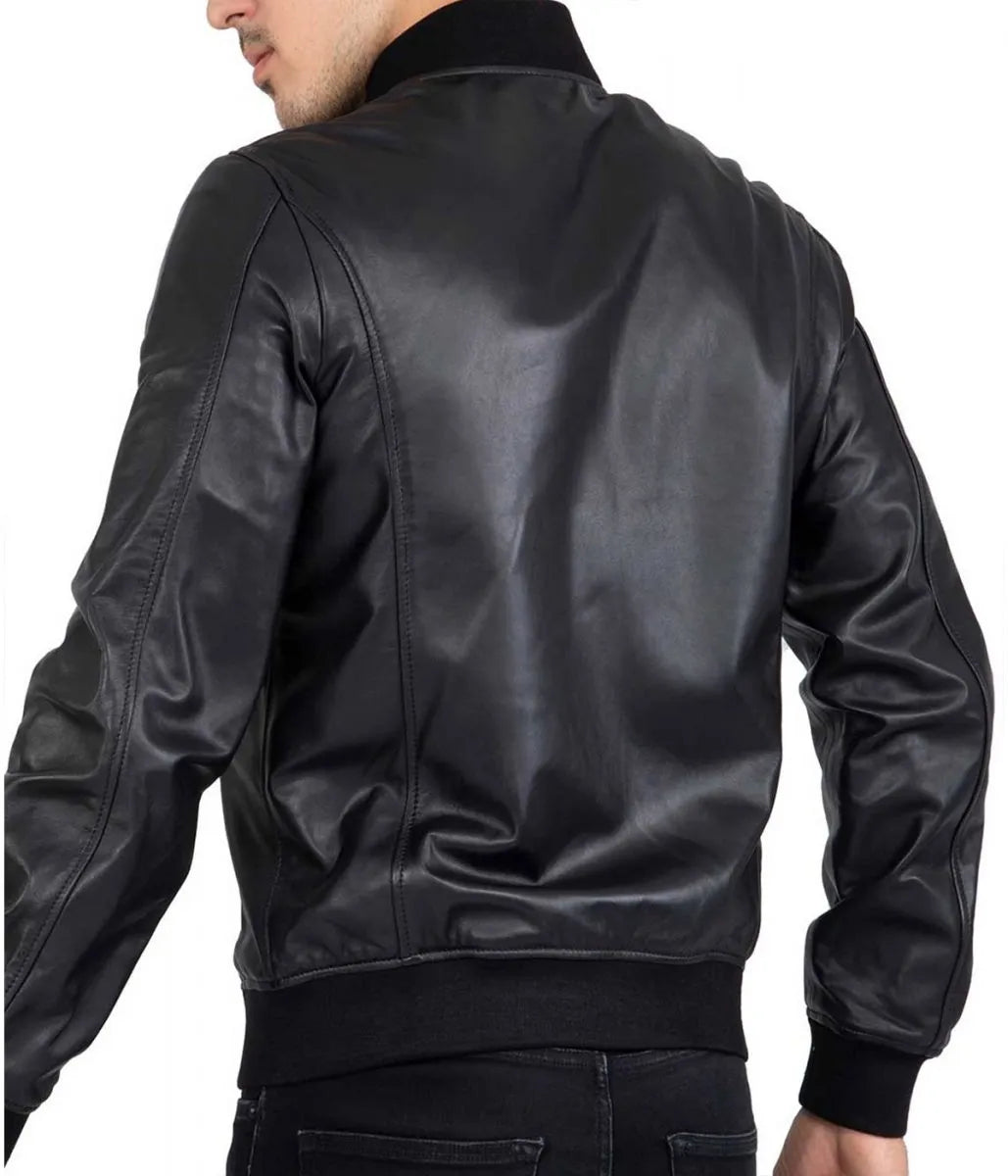 Men’s Casual Bomber Real Black Leather Jacket