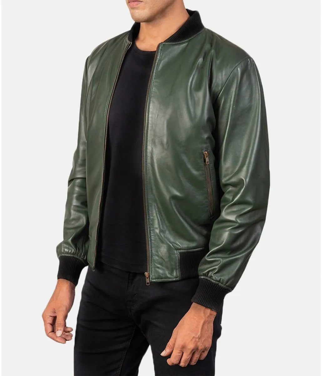 Men’s Bomber Casual Green Leather Jacket