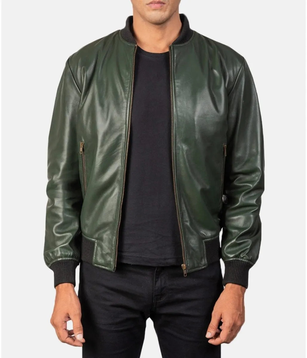 Men’s Bomber Casual Green Leather Jacket