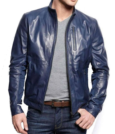 Men’s Stand Collar Casual Navy Blue Leather Jacket