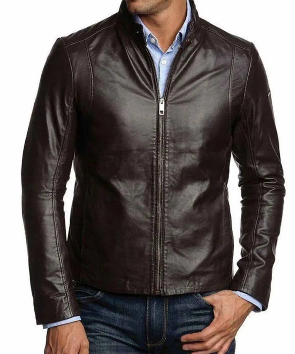 Men’s Simple Look Casual Wear Dark Brown Leather Jacket